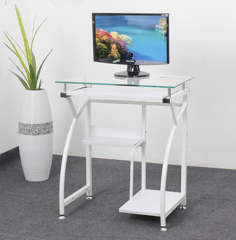 WhiteTempered Glass And Wood Computer Desk Furniture For Home White Steel Frame DX-8827B