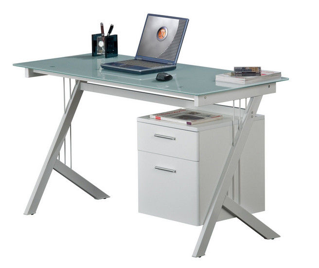 Wood Home Office Computer Table White / Transparent With Tempered Glass DX-8589