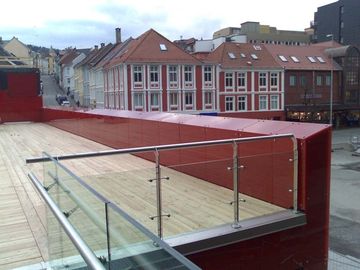 Red painted custom Printed Glass Pavilliongen Edvard Griegs Plass Norway