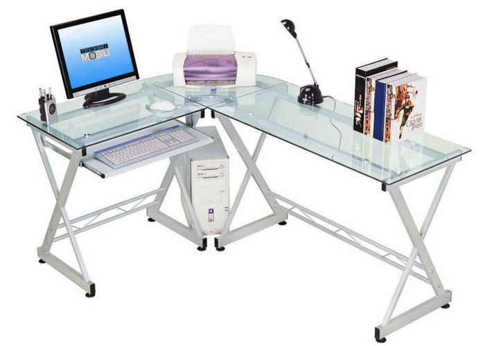 7mm Tempered Glass And Wood L shaped Computer Desk For Office White DX-402B
