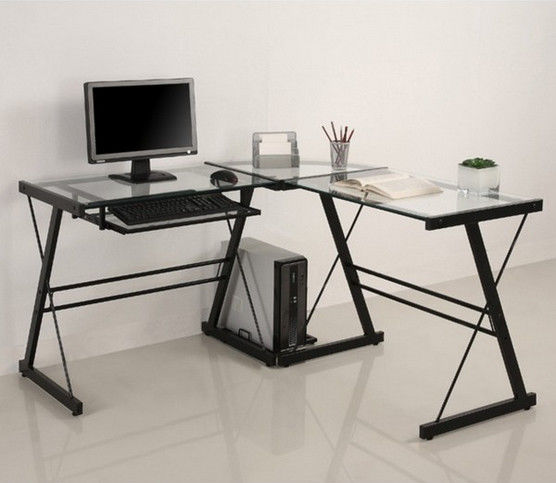 L - shape Transparent Glass And Wood Corner Computer Desk For Office DX-402C